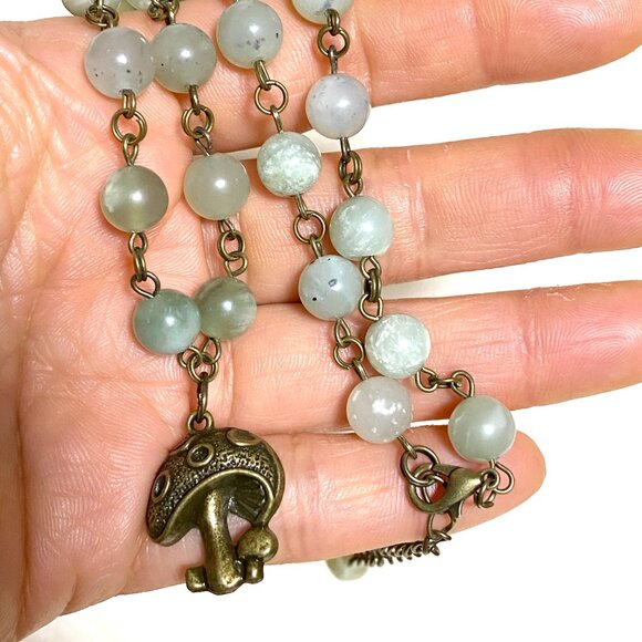 Natural Mint Green Serpentine Necklace, Bronze Round Mushroom+ Genuine Gemstone - Picture 16 of 16